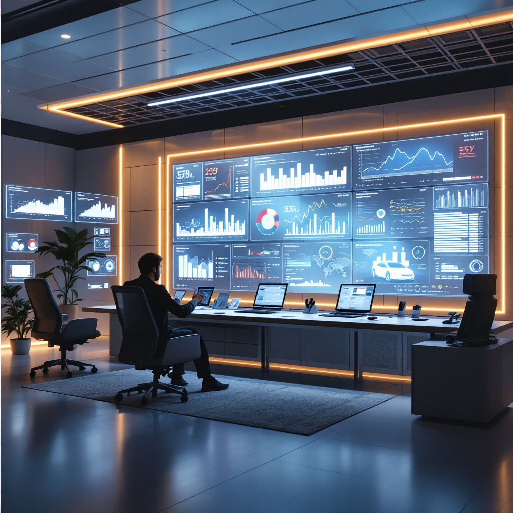 대형 스크린에서 데이터를 분석하는 스마트 관제실
