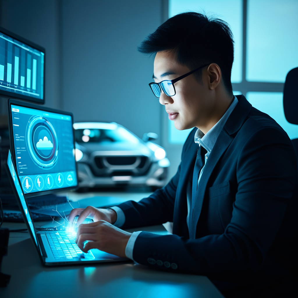 전기차 데이터를 분석하는 루믹스솔루션 엔지니어의 작업 장면