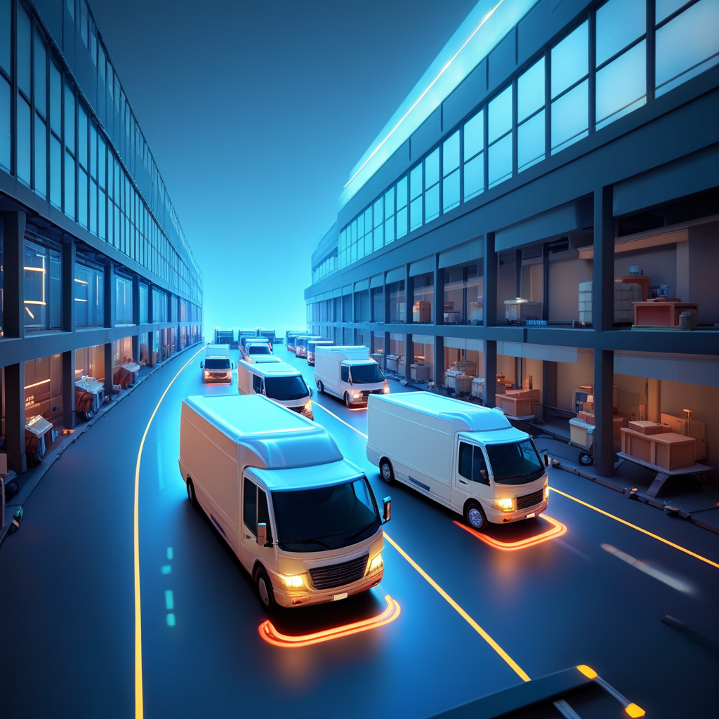 물류 창고를 오가는 자율주행 배송 차량의 행렬